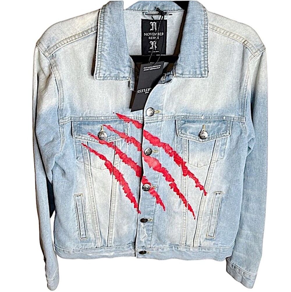 November Reine Women's Warewolf Graphic Blue Demin Jacket Casual Size Medium NWT